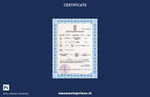 Modello PSD del certificato di morte della Serbia in stile verificato